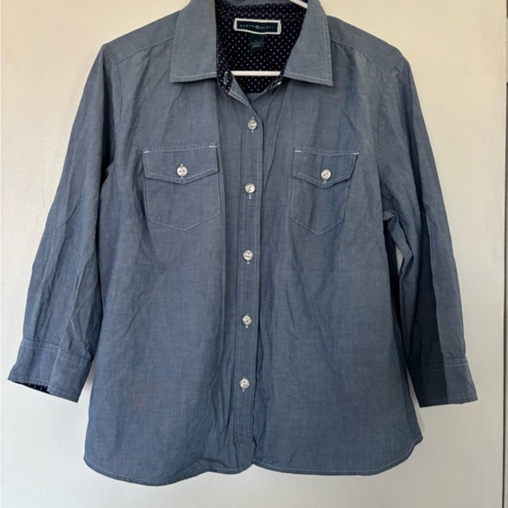 Karen Scott Navy Polka Dot Blouse size L #028